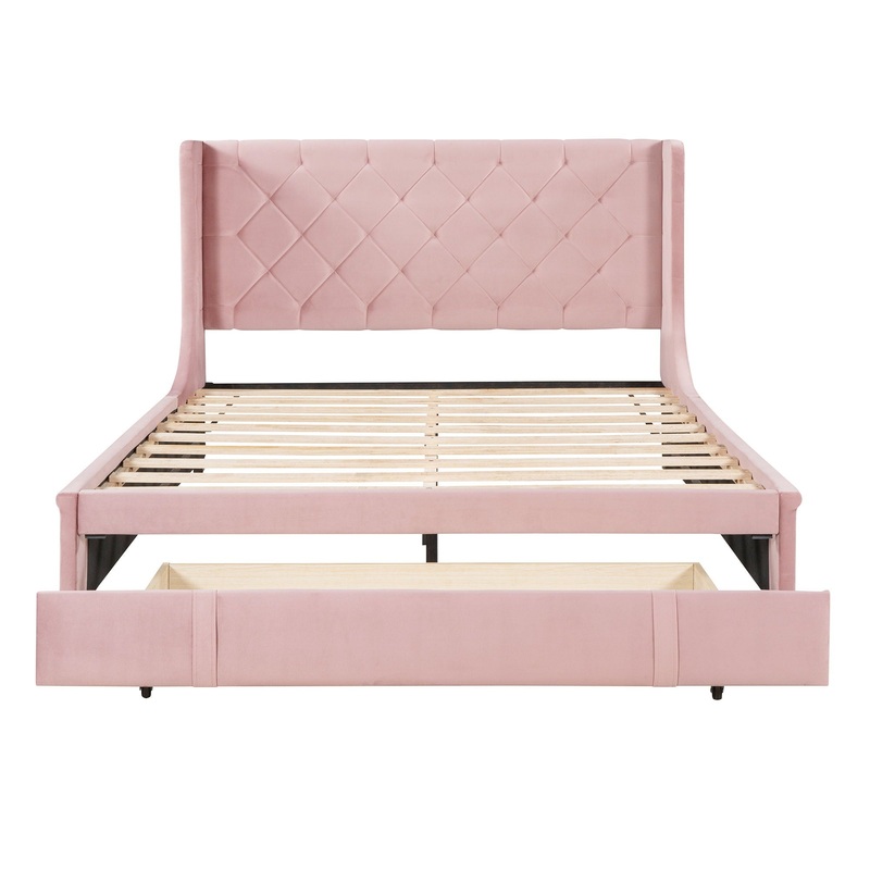 Queen Size Storage Upholstered Platform Bed With Wingback Headboard And A Big Drawer – Pink