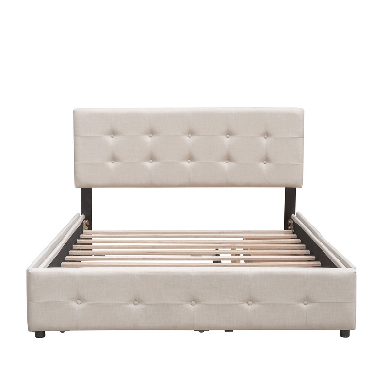 Queen Size Upholstered Platform Bed With 2 Drawers And 1 Twin Long Trundle – Dark Beige