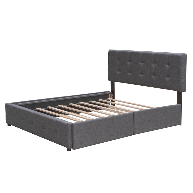 Queen Size Upholstered Platform Bed With 2 Drawers And 1 Twin Long Trundle – Dark Gray