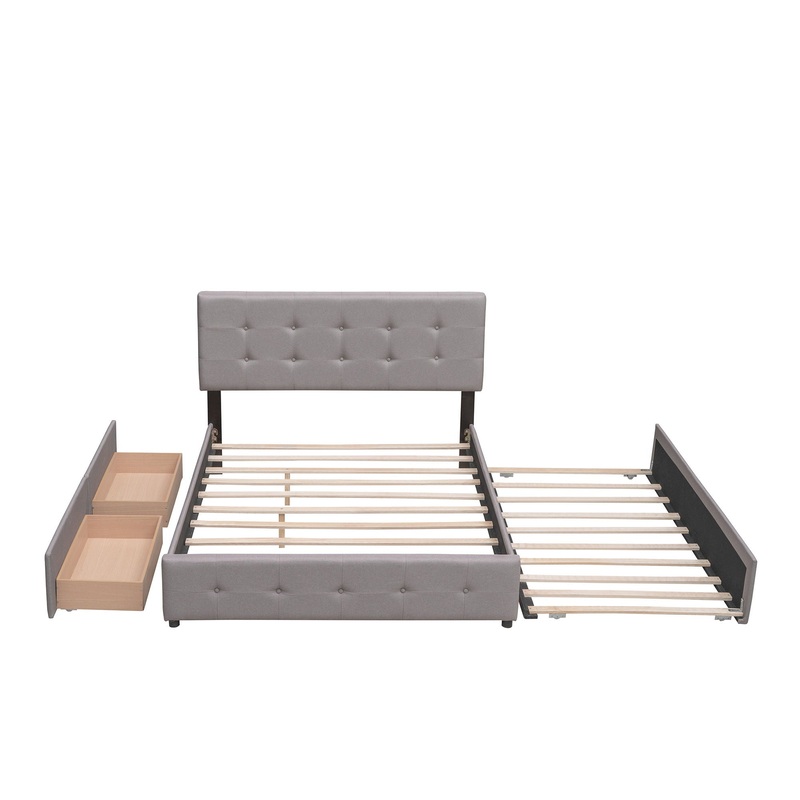 Queen Size Upholstered Platform Bed With 2 Drawers And 1 Twin Long Trundle – Light Gray