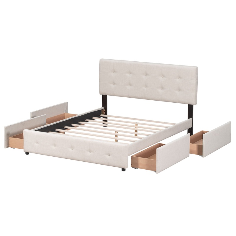 Queen Size Upholstered Platform Bed With Classic Headboard And 4 Drawers, No Box Spring Needed – Beige