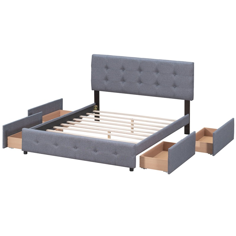Queen Size Upholstered Platform Bed With Classic Headboard And 4 Drawers, No Box Spring Needed – Dark Gray