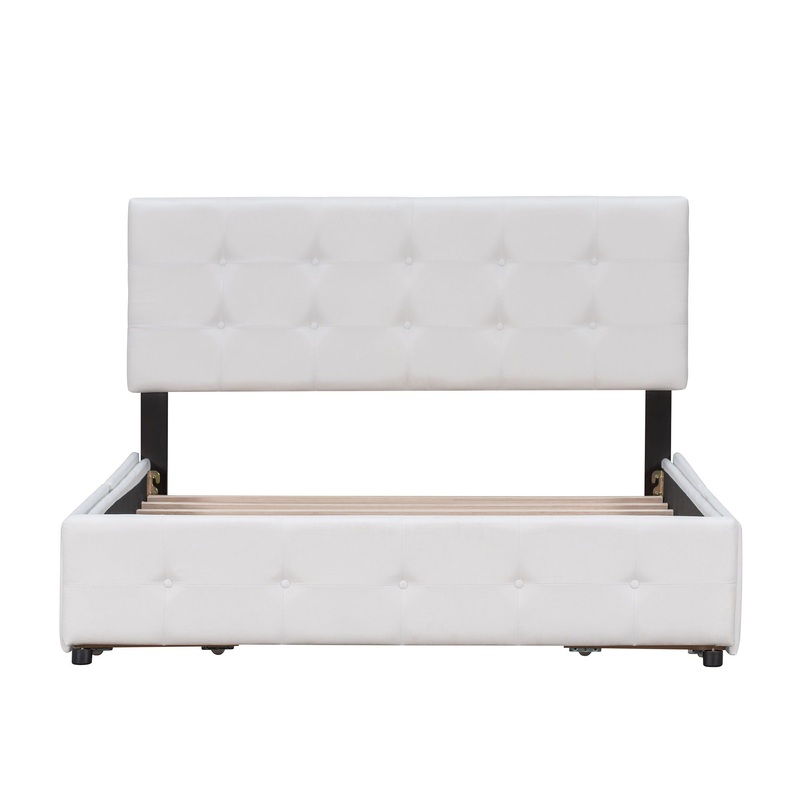 Queen Size Upholstered Platform Bed With Classic Headboard And 4 Drawers, No Box Spring Needed – White