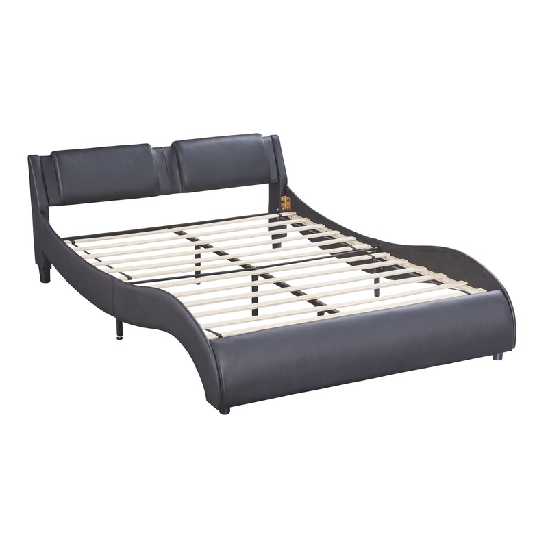 Queen Size Upholstered Platform Bed With LED Light Frame With Slatted – Black