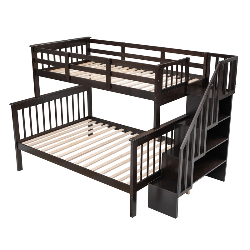 Stairway Twin Over Full Bunk Bed With Storage And Guard Rail For Bedroom – Espresso