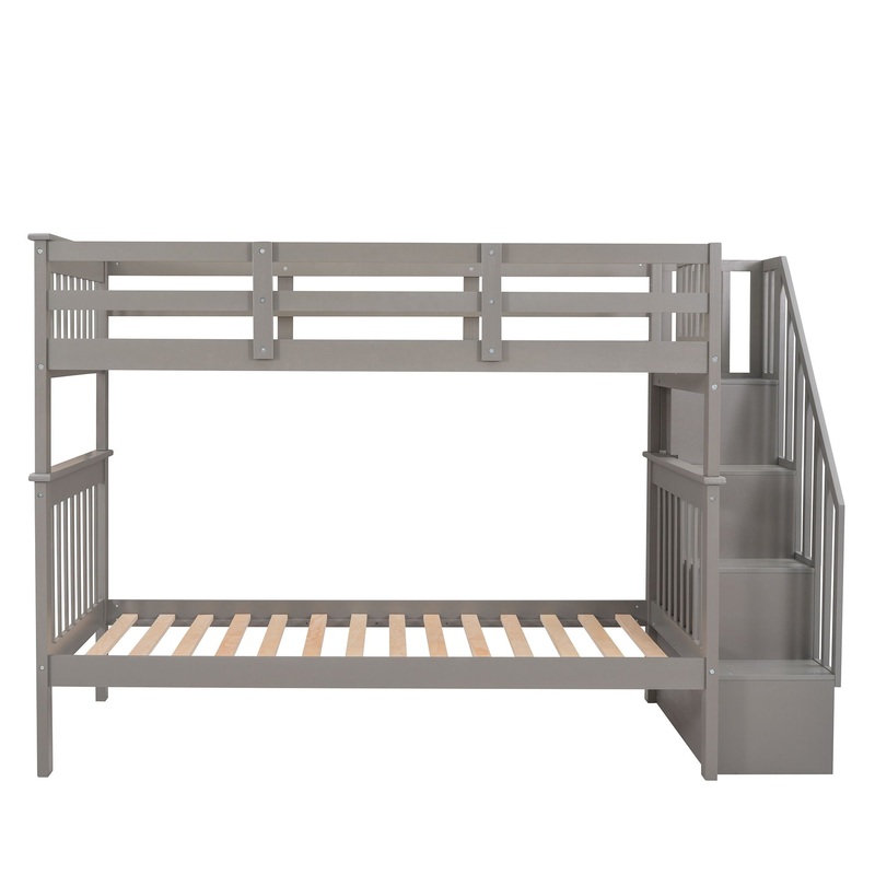 Stairway Twin Over Twin Bunk Bed With Storage And Guard Rail For Bedroom – Gray