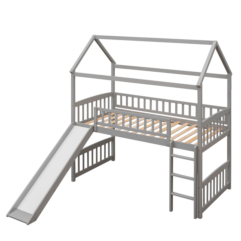 Twin House Loft Bed With Slide – Gray
