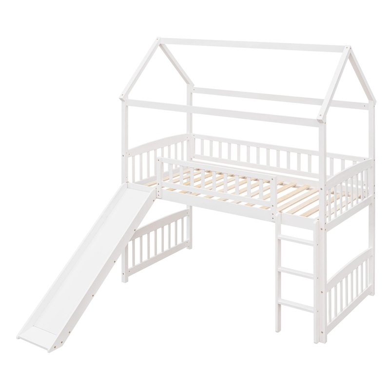 Twin House Loft Bed With Slide – White