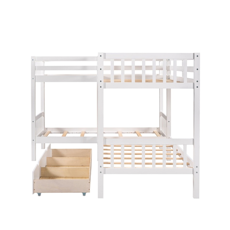 Twin L Shaped Bunk Bed With Drawers – White