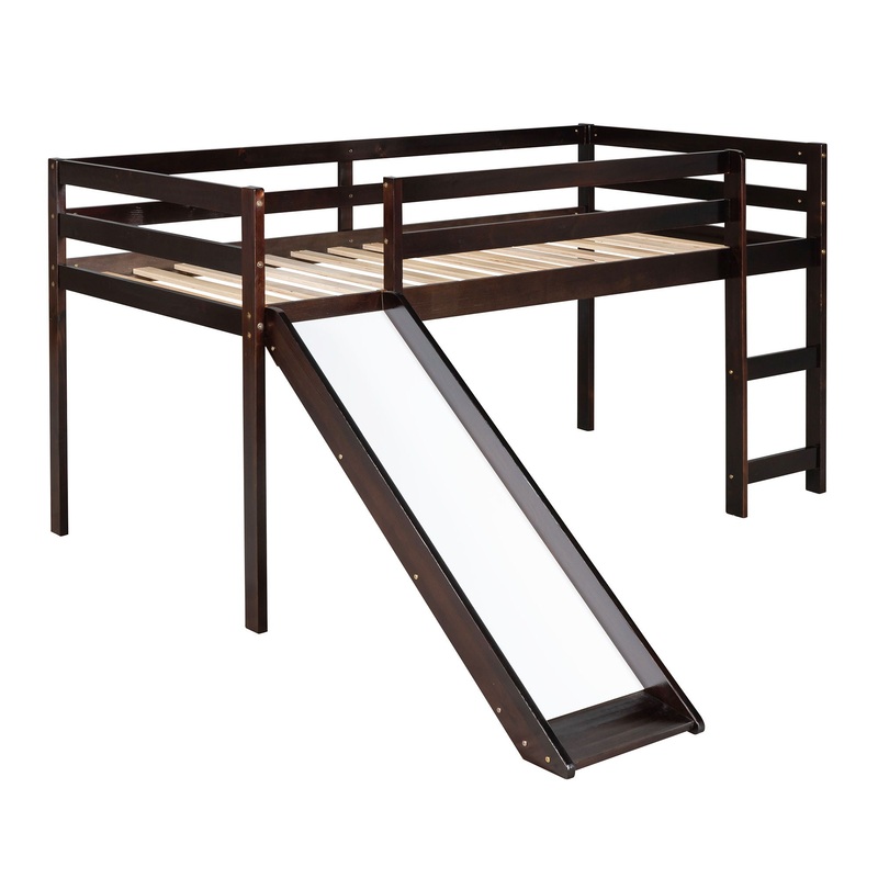 Twin Loft Bed With Slide, Multifunctional Design – Espresso