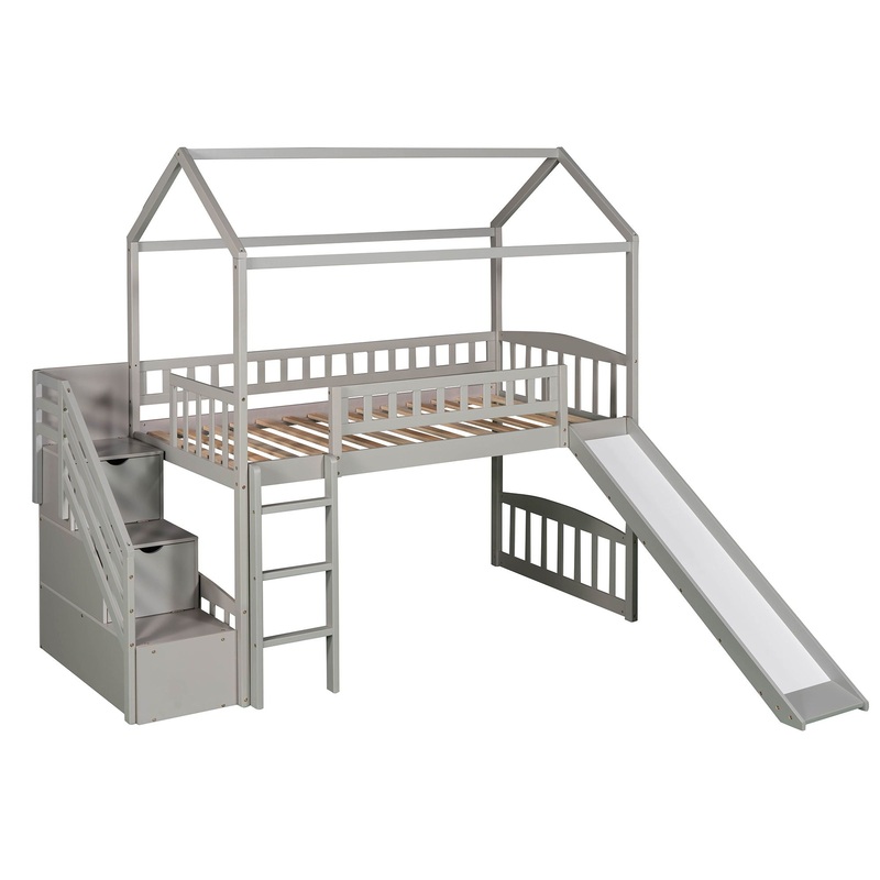 Twin Loft House Bed With 2 Drawers And Slide – Gray