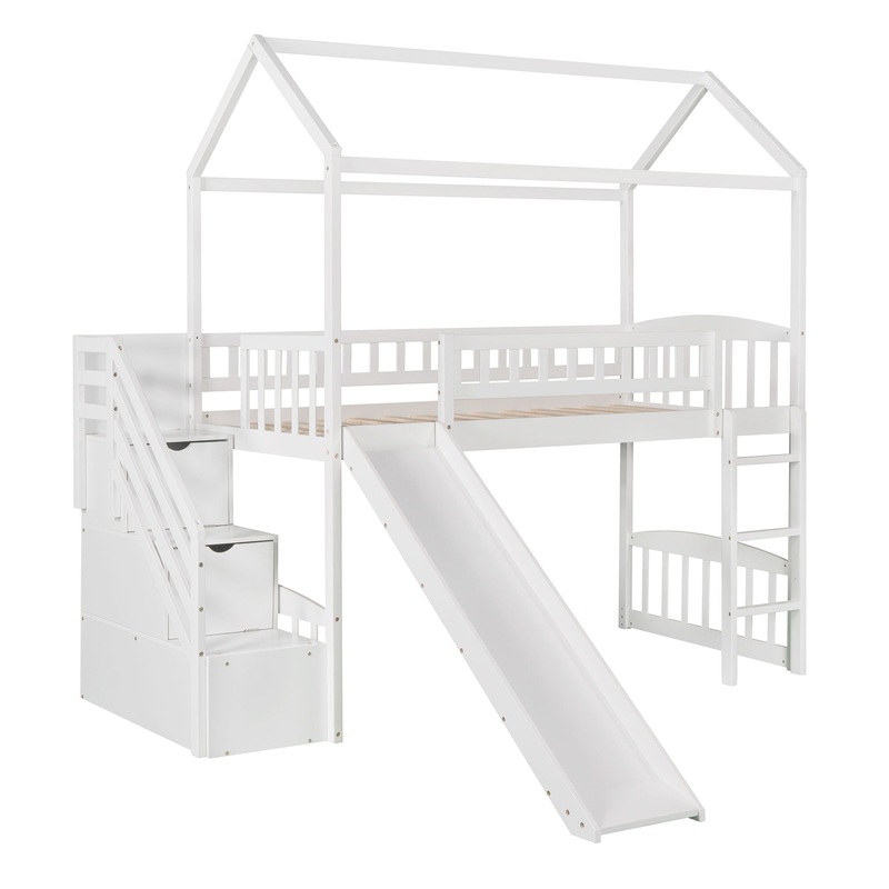 Twin Loft House Bed With 2 Drawers And Slide – White