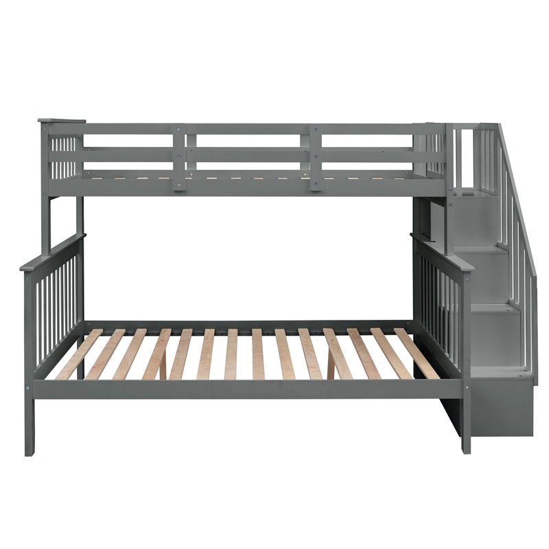 Twin Over Full Bunk Bed Stairway With Storage And Guard Rail For Bedroom – Gray