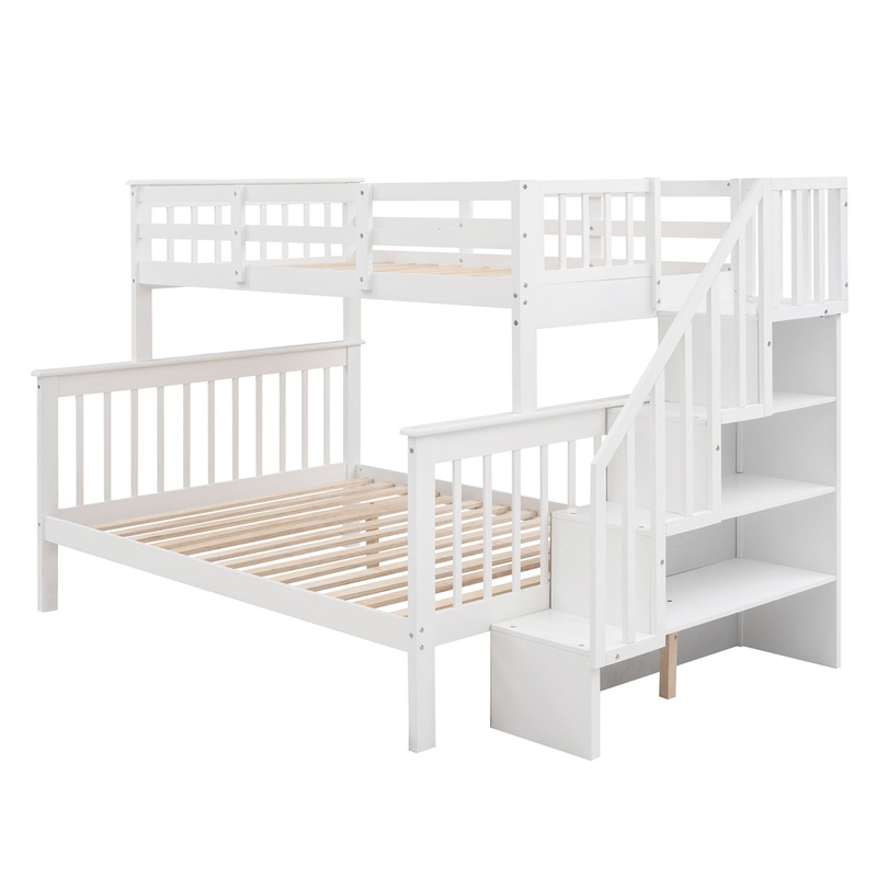 Twin Over Full Bunk Bed Stairway With Storage And Guard Rail For Bedroom – White
