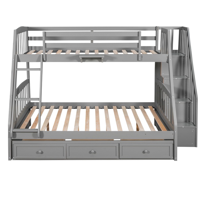 Twin Over Full Bunk Bed With Drawers, Ladder And Storage Staircase – Gray