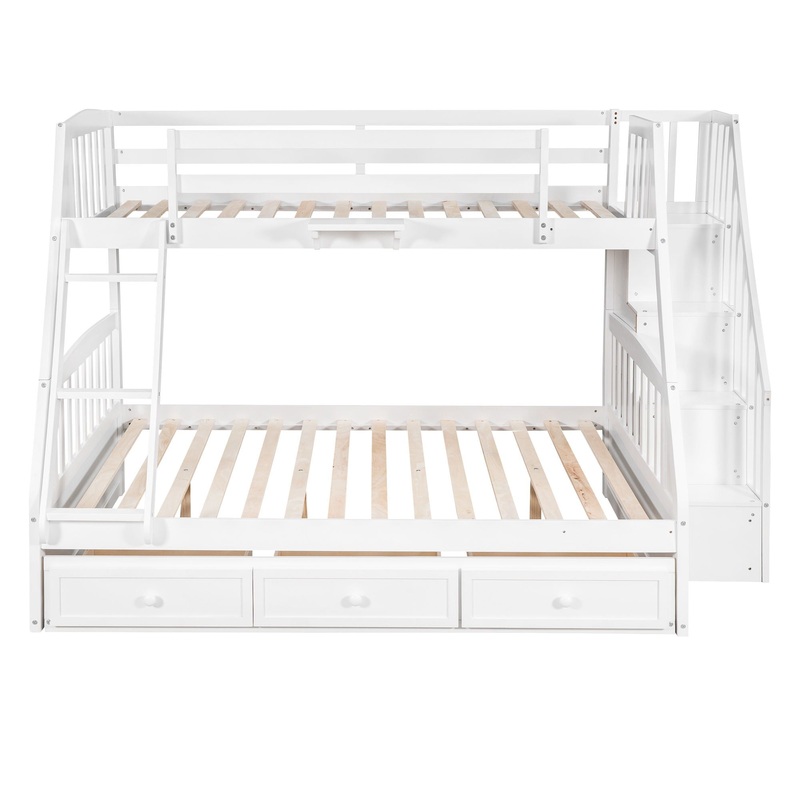 Twin Over Full Bunk Bed With Drawers, Ladder And Storage Staircase – White