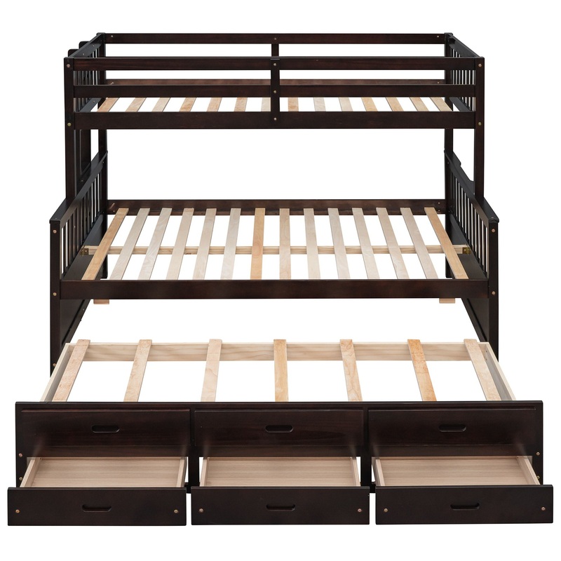 Twin Over Full Bunk Bed With Twin Size Trundle, With Drawers For Bedroom – Espresso