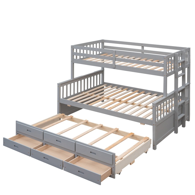 Twin Over Full Bunk Bed With Twin Size Trundle, With Drawers For Bedroom – Gray