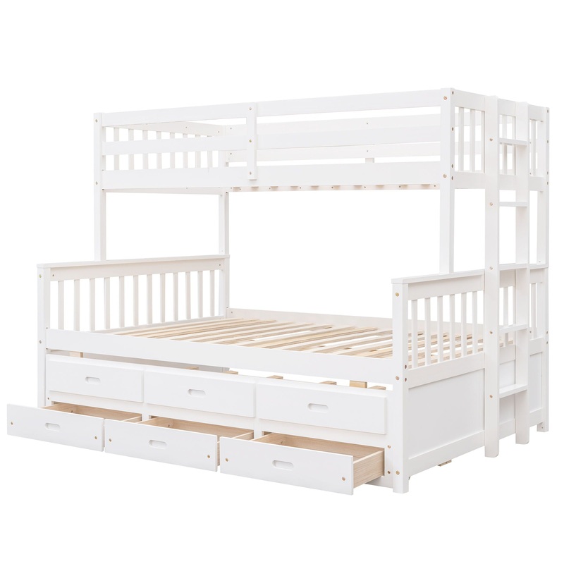 Twin Over Full Bunk Bed With Twin Size Trundle, With Drawers For Bedroom – White