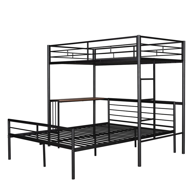 Twin Over Full Metal Bunk Bed With Desk, Ladder And Quality Slats For Bedroom – Metallic Black