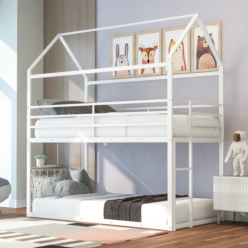 Twin Over Twin Bunk Bed, House With Frame Built-In Ladder, No Box Spring Needed – White