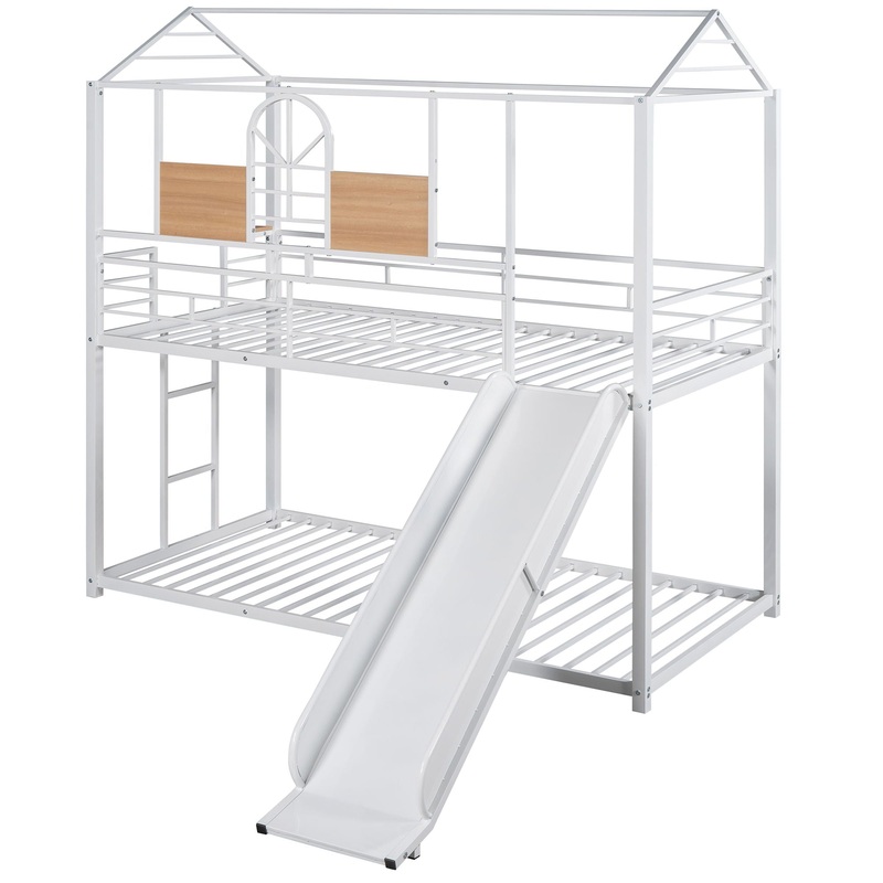 Twin Over Twin Bunk Bed, Housebed With Slide – White