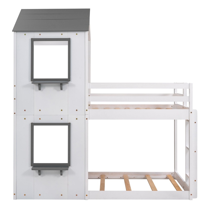 Twin Over Twin Bunk Bed & Roof, Window, Guardrail, Ladder – White