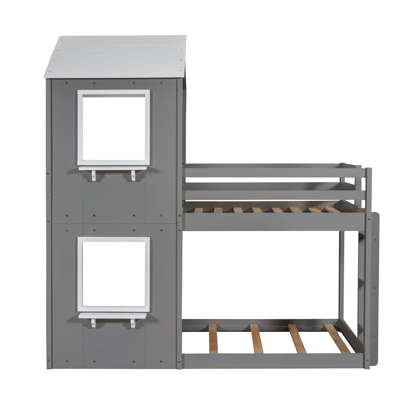Twin Over Twin Bunk Bed With Roof, Window, Guardrail, Ladder – White