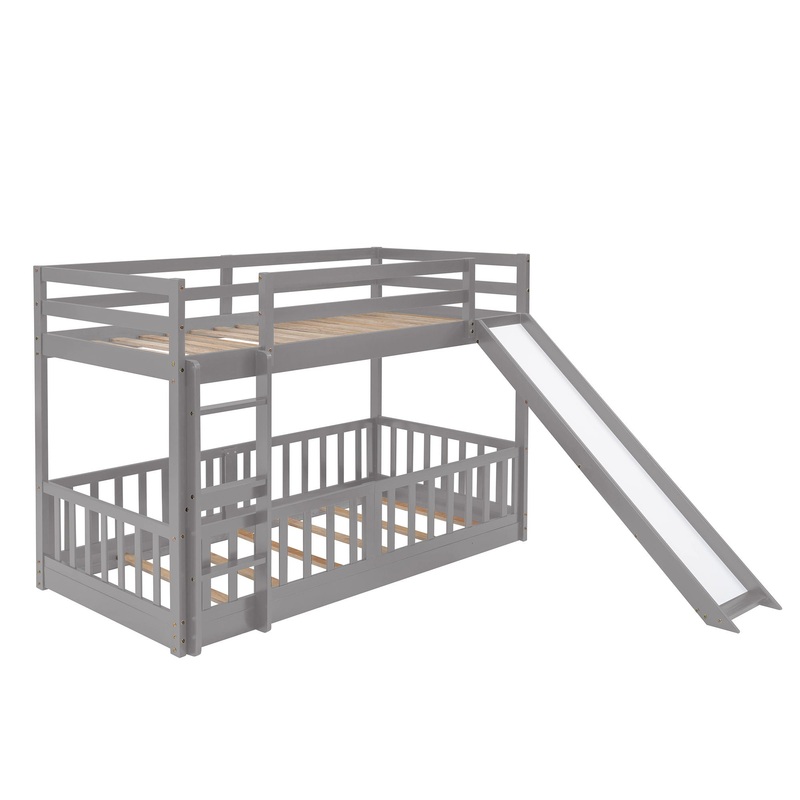 Twin Over Twin Classic Bunk Bed & Slide And Ladder – Gray