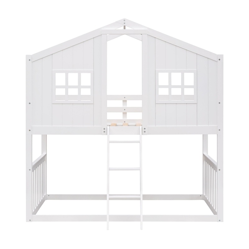 Twin Over Twin House Bunk Bed With Ladder – White