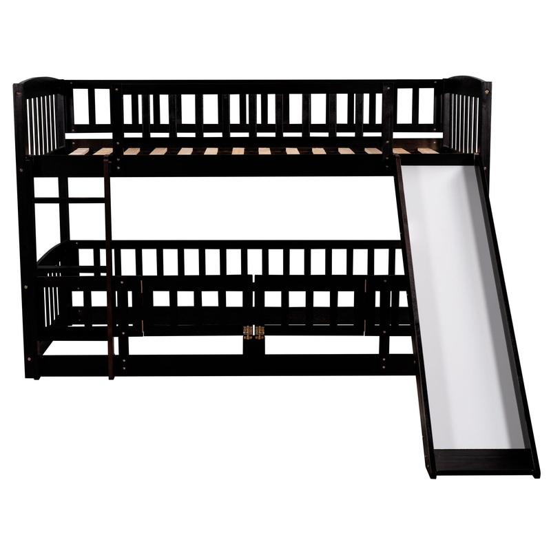 Twin Over Twin Low Bunk Bed With Slide, Fence And Ladder – Espresso