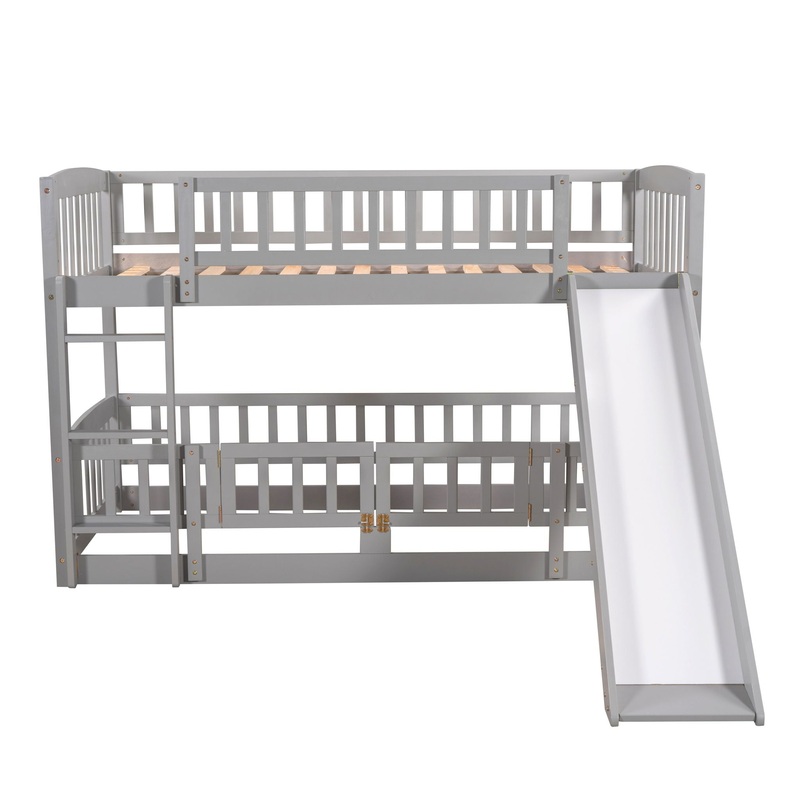 Twin Over Twin Low Bunk Bed With Slide, Fence And Ladder – Gray