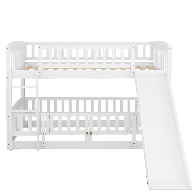 Twin Over Twin Low Bunk Bed With Slide, Fence And Ladder – White