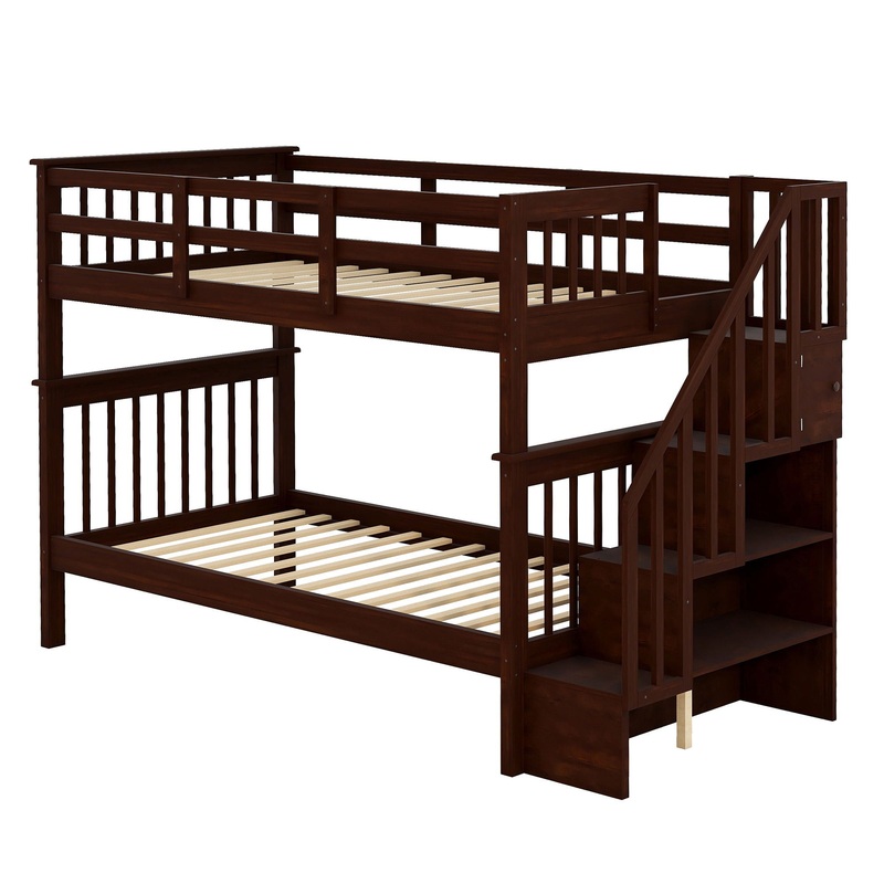 Twin Over Twin Stairway Bunk Bed With Storage And Guard Rail For Bedroom – Espresso