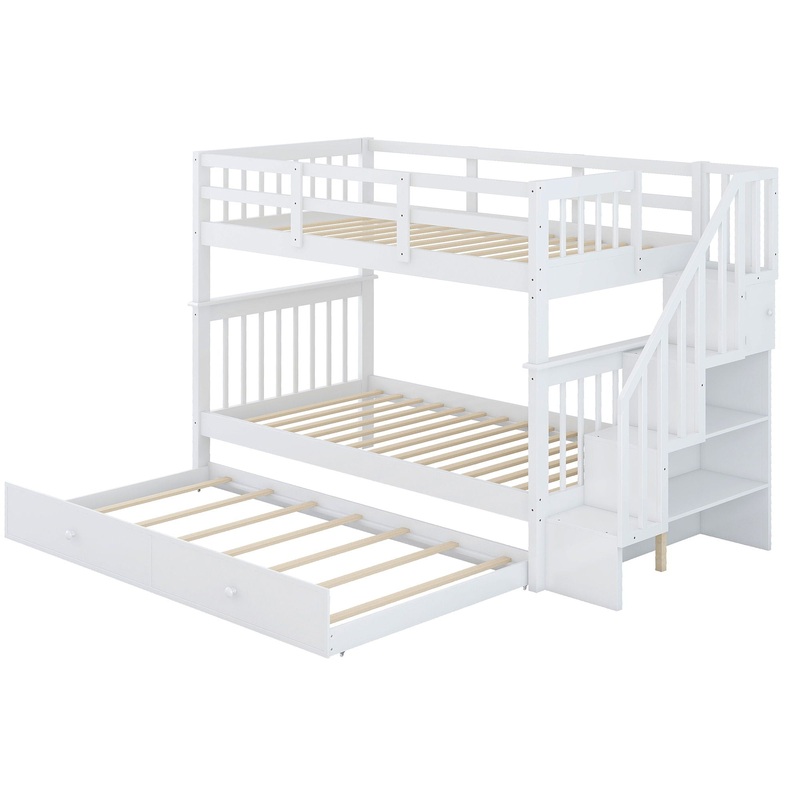Twin Over Twin Stairway Bunk Bed With Twin Size Trundle For Bedroom – White