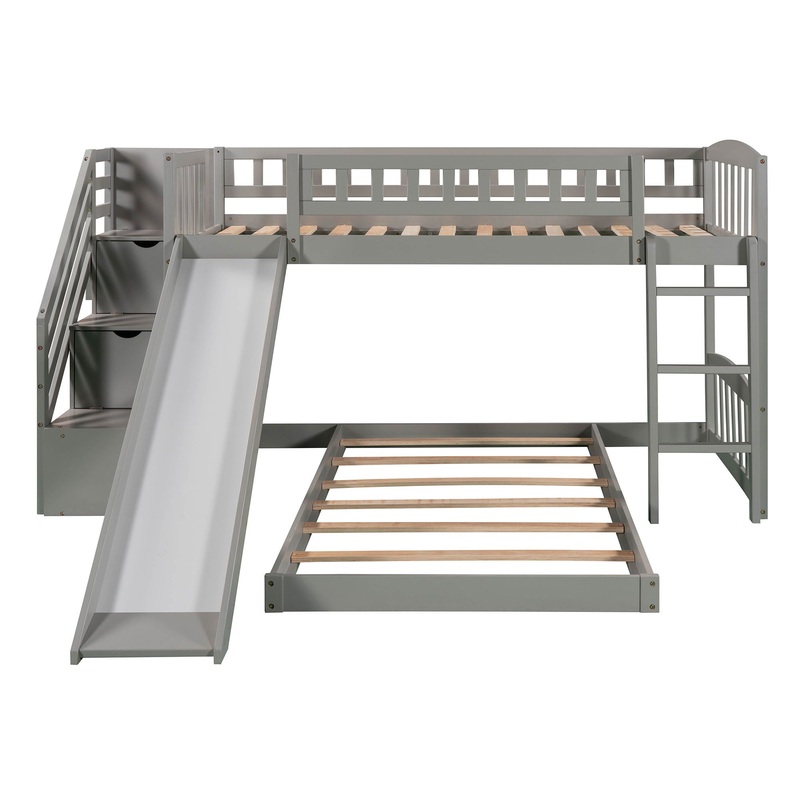 Twin Over Twin Stairway Bunk Bed With Two Drawers And Slide – Gray