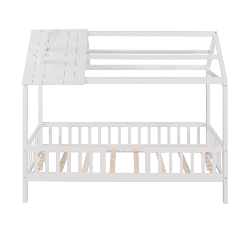 Twin Size House Bed With Fence – White