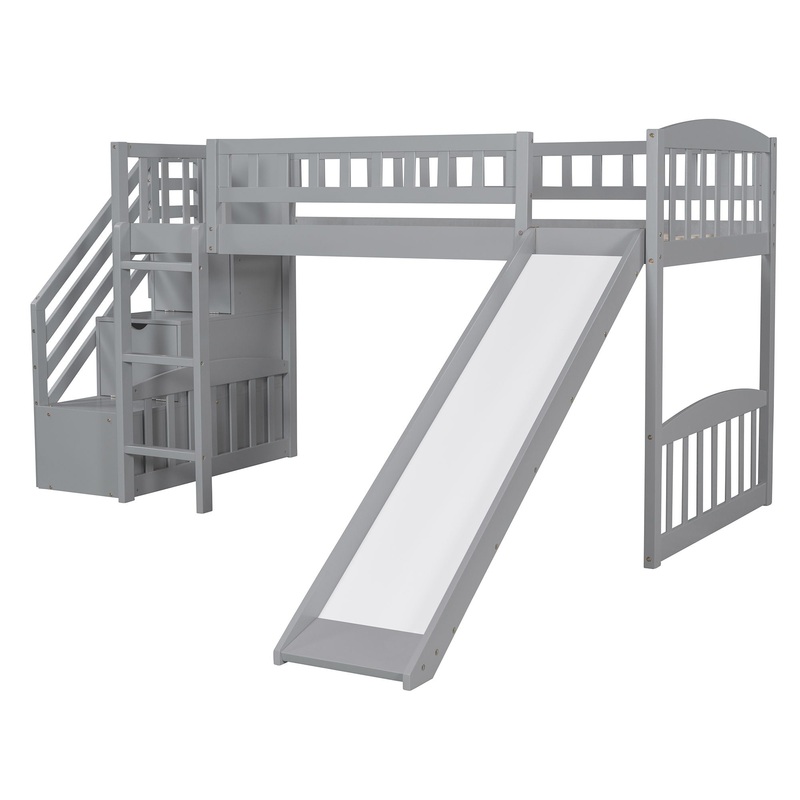 Twin Size Loft Bed Stairway With 2 Drawers And Slide – Gray