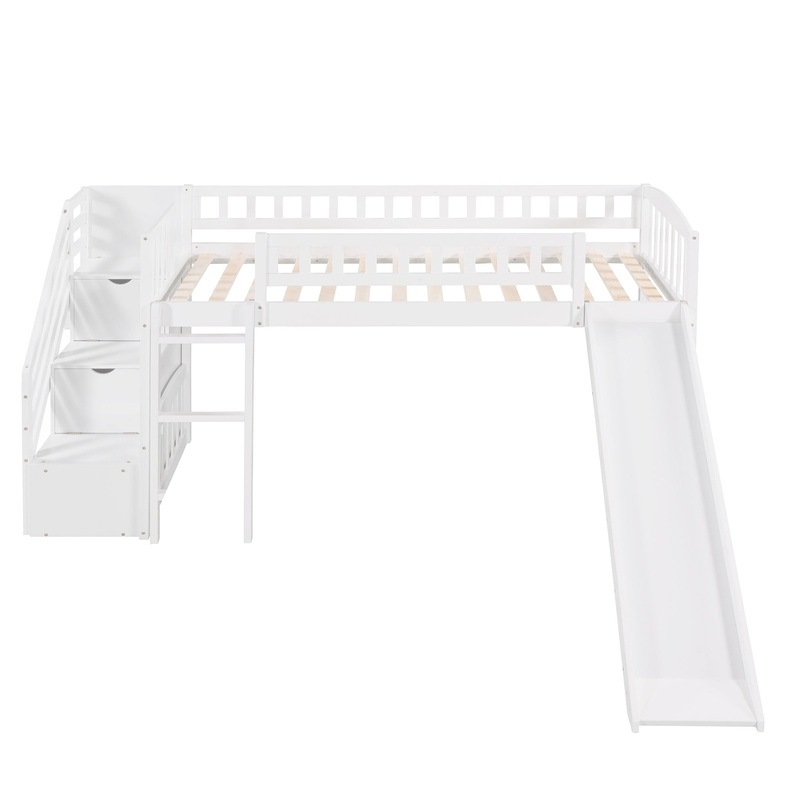 Twin Size Loft Bed Stairway With 2 Drawers And Slide – White