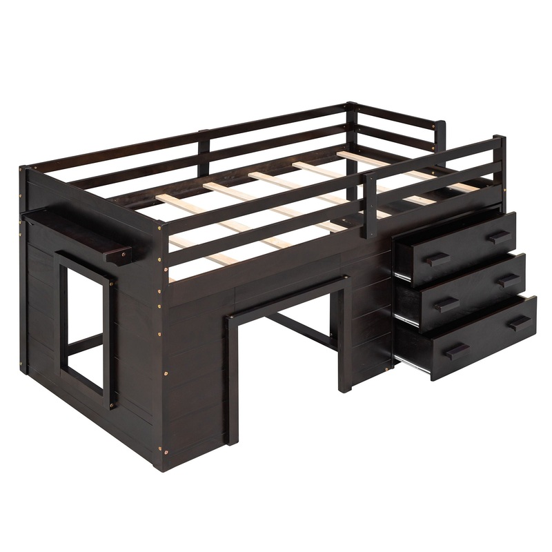 Twin Size Loft Bed With Cabinet And Shelf – Espresso