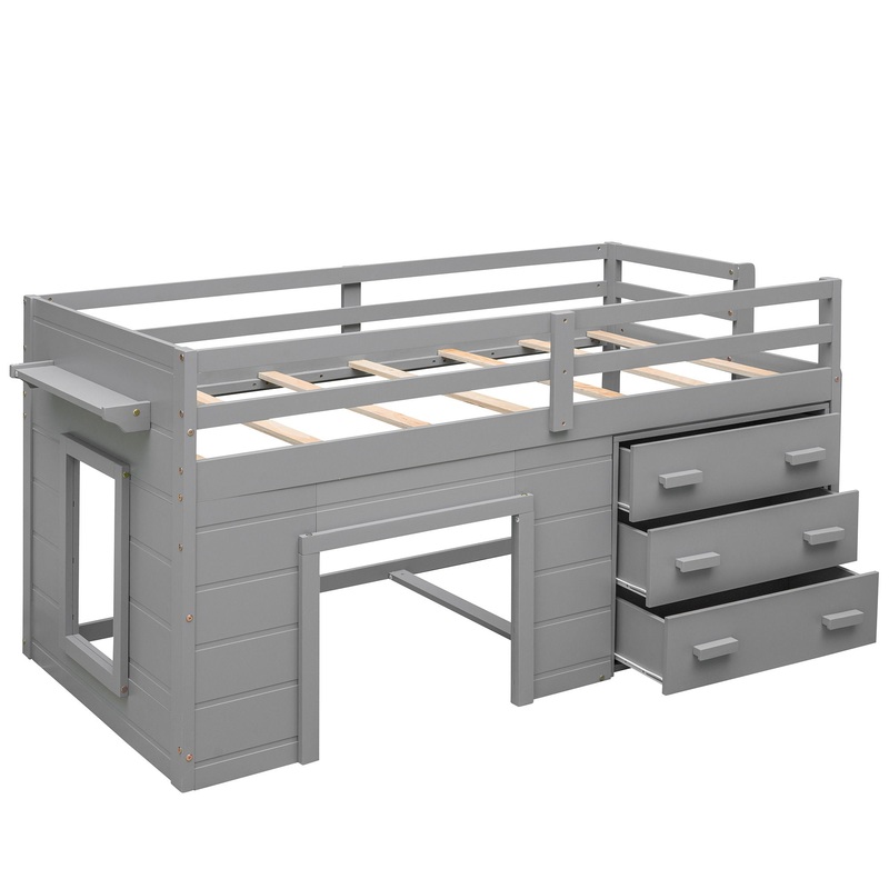 Twin Size Loft Bed With Cabinet And Shelf – Gray