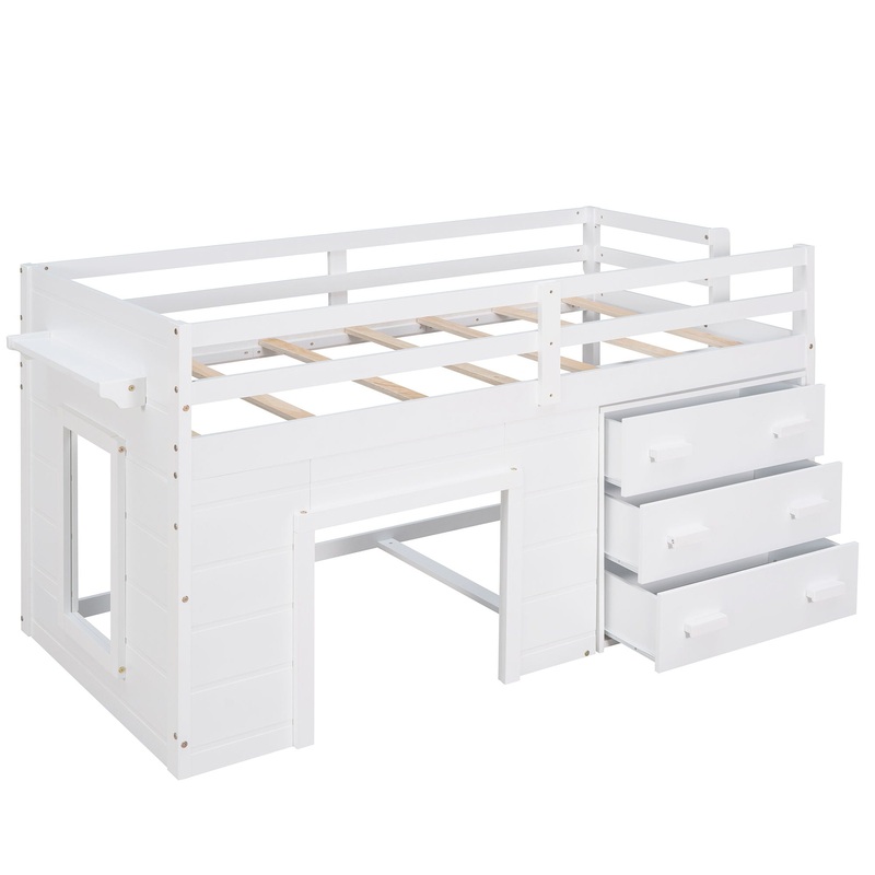 Twin Size Loft Bed With Cabinet And Shelf – White
