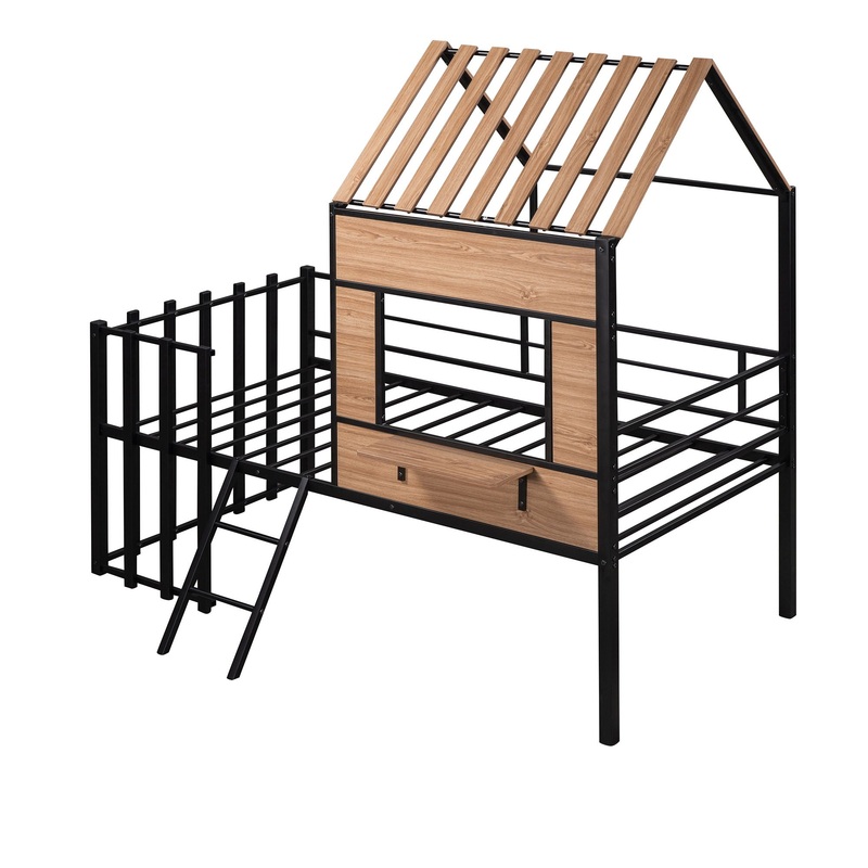 Twin Size Loft Bed With Roof, Window, Guardrail, Ladder – Black