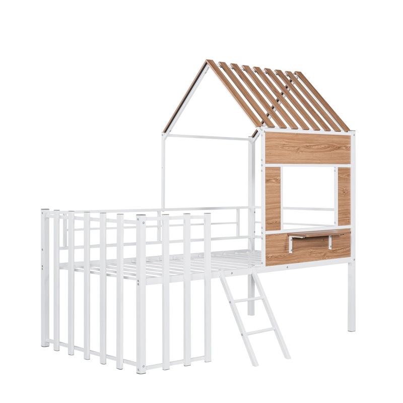 Twin Size Loft Bed With Roof, Window, Guardrail, Ladder – White