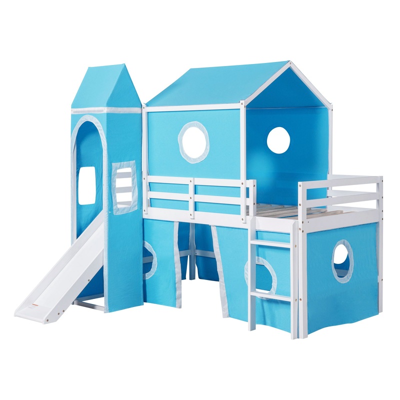 Twin Size Loft Bed With Slide Blue Tent And Tower – Blue
