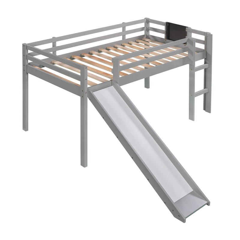 Twin Size Loft Bed With Slide, Stair And Chalkboard – Gray