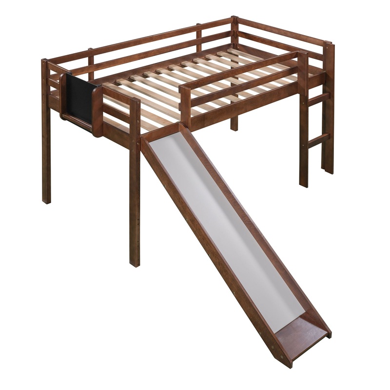 Twin Size Loft Bed With Slide, Stair And Chalkboard – Walnut