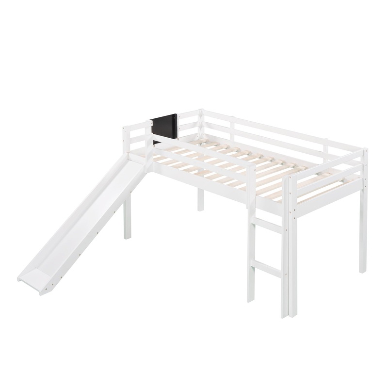 Twin Size Loft Bed With Slide, Stair And Chalkboard – White