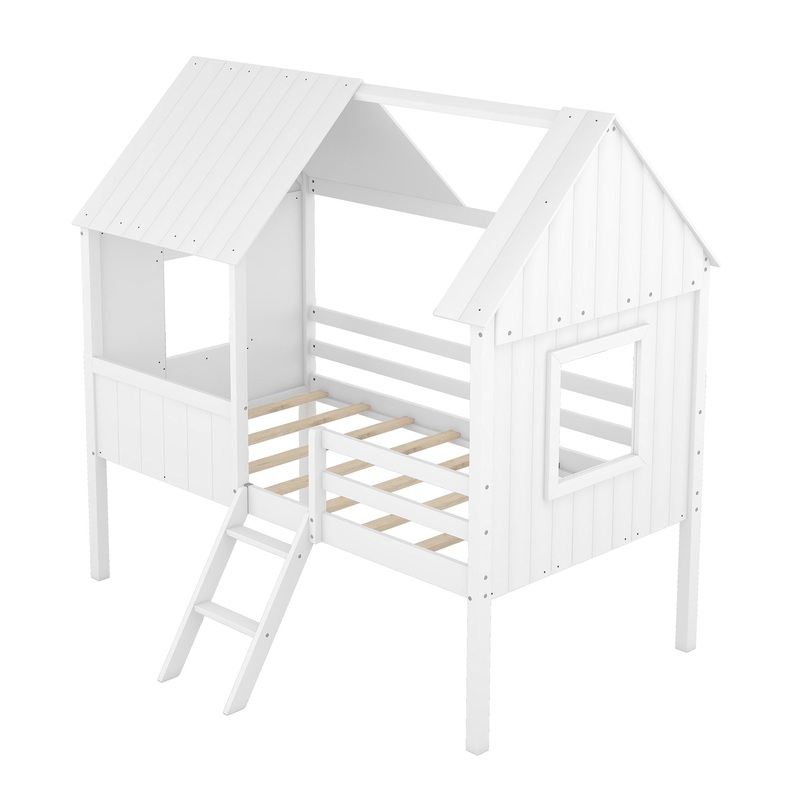 Twin Size Low Loft House Bed With Two Side Windows – White