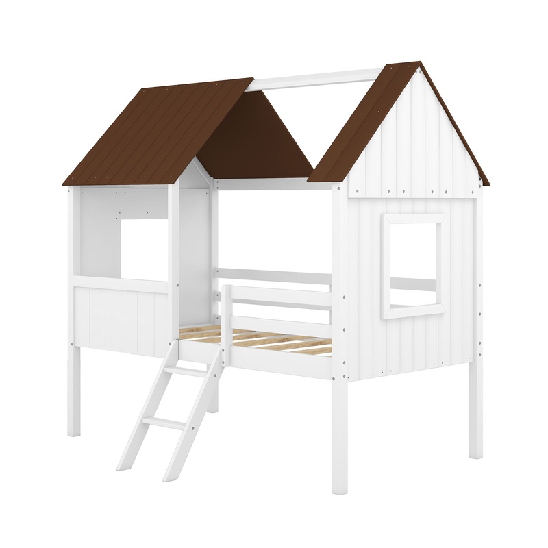 Twin Size Low Loft House Bed With Two Side Windows – White / Brown